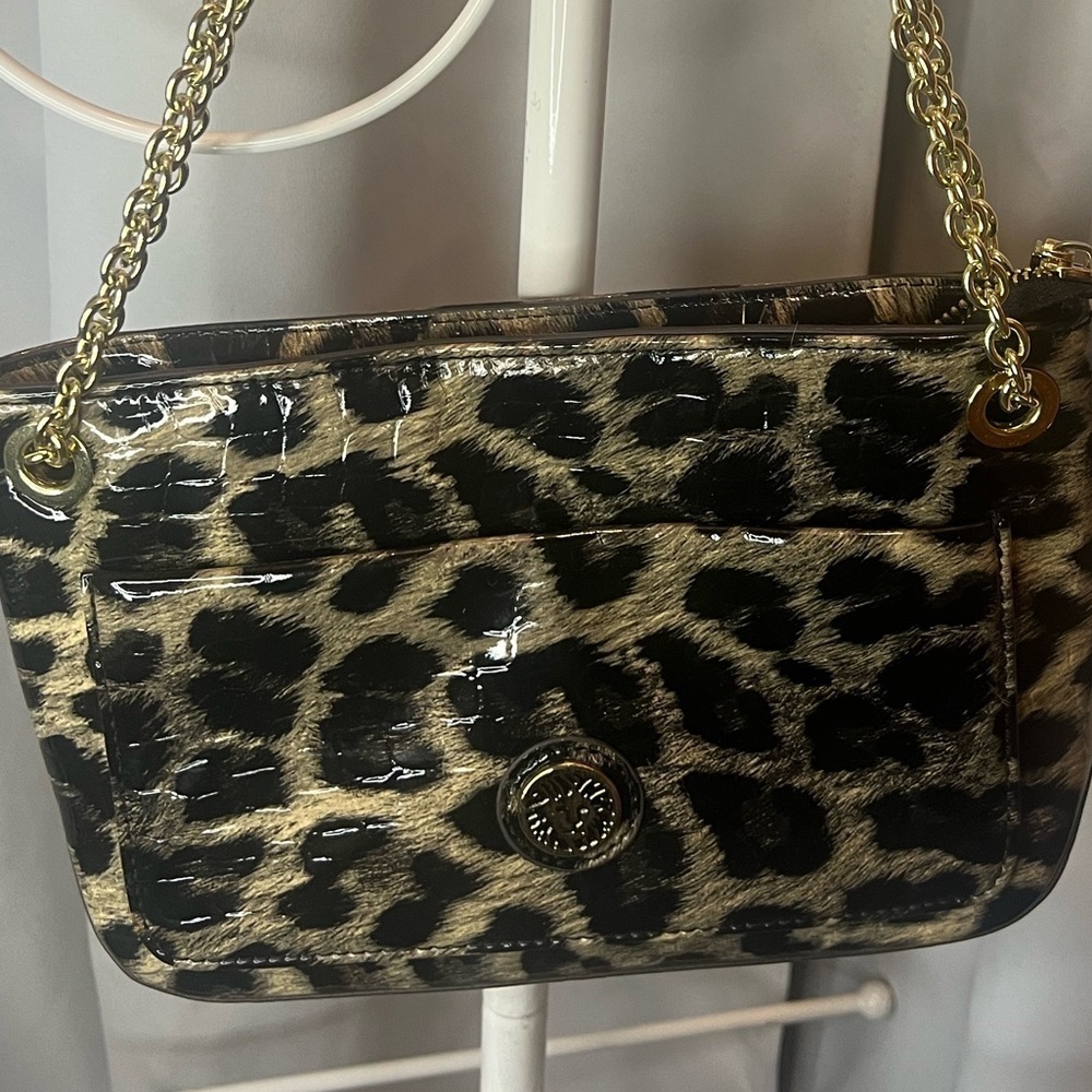 ANNE KLEIN CHEETAH PRINT PATENT LEATHER GOLD BLACK GREY PURSE CHAIN